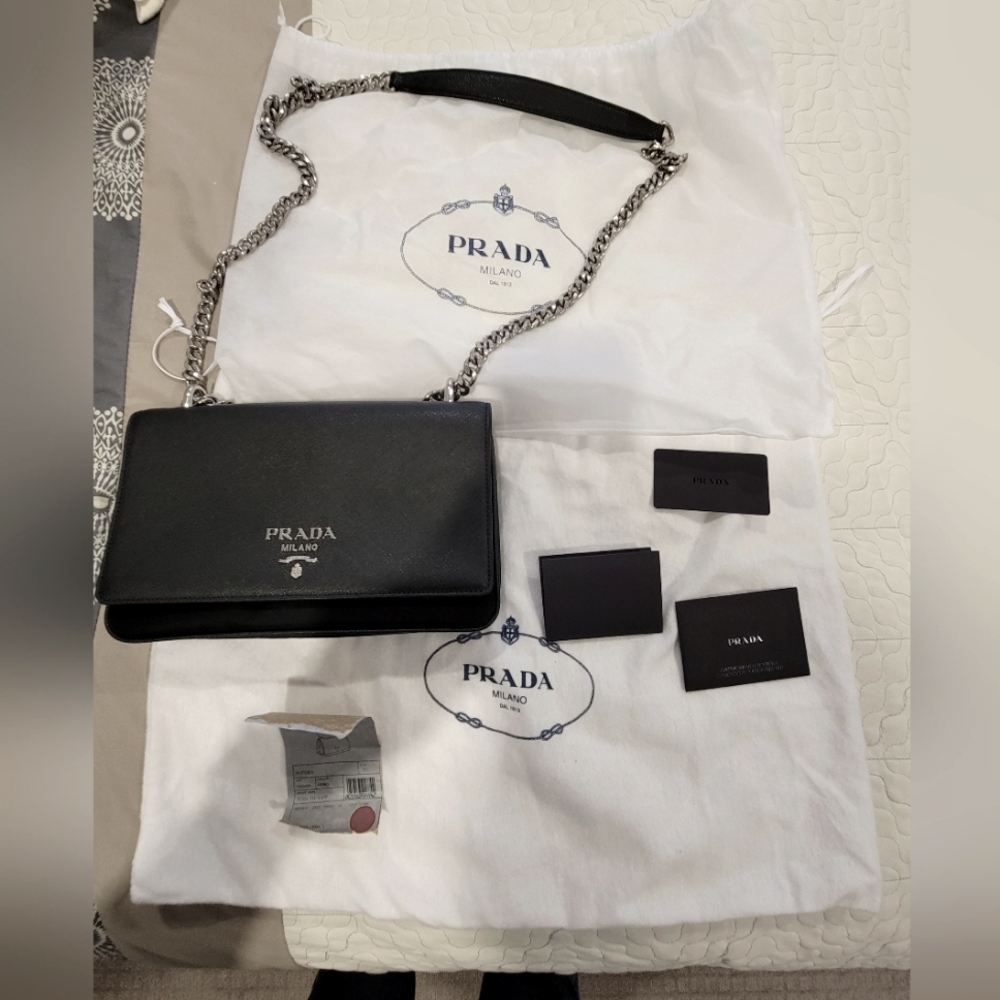 Prada Saffiano Chain Black Leather Shoulder Bag- Brand New. With Two Dust Bags